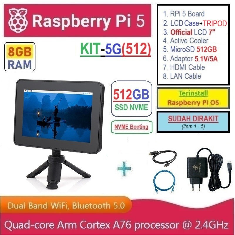 KIT-5G(512)  Raspberry Pi 5 (8GB RAM) KIT LCD 7 Inch SSD NVME 512GB - Complete SET SIAP PAKAI